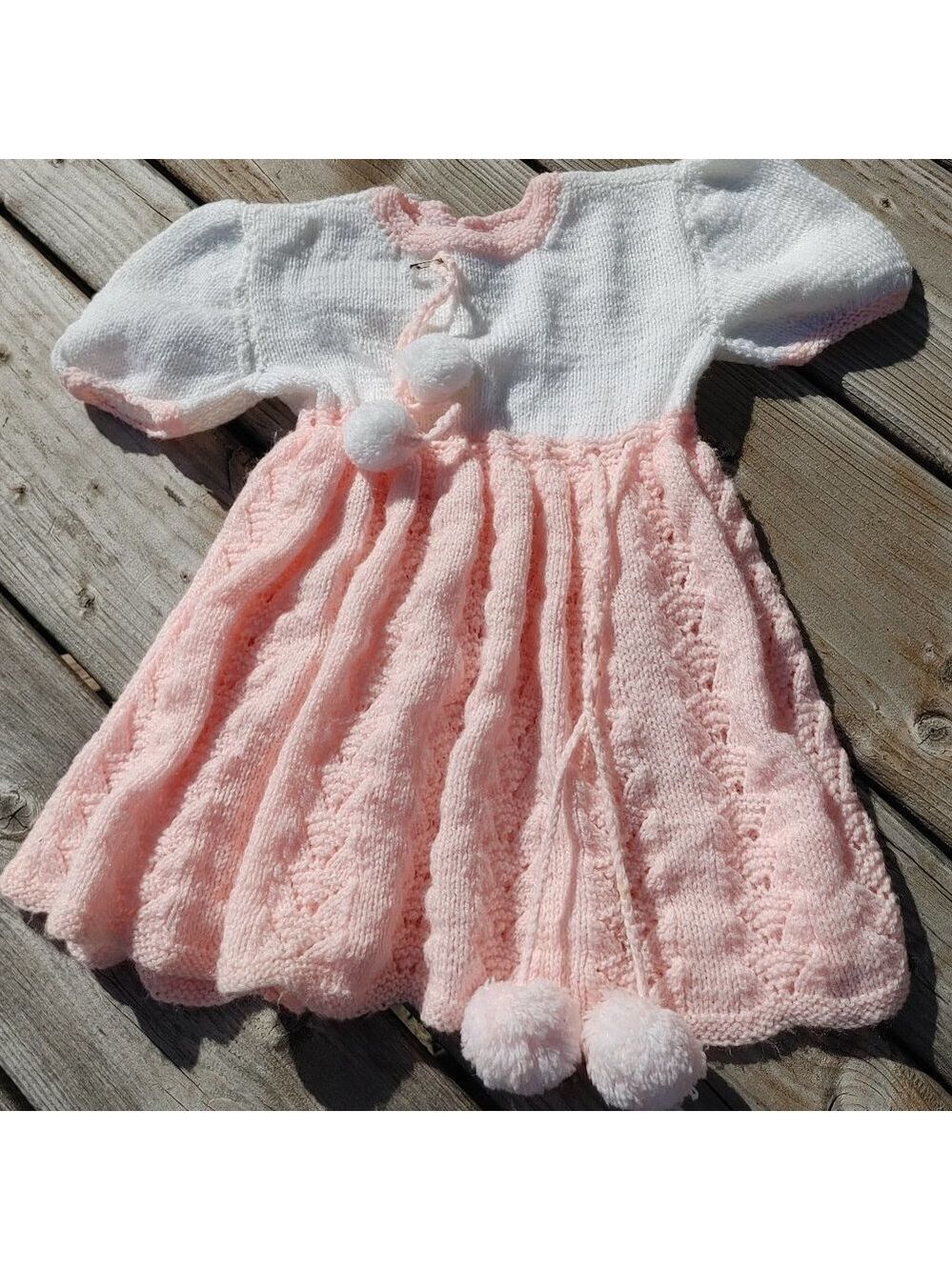 LOVELY Crochet Baby Dress with Pom Pom Detail White Pink 0-3 months